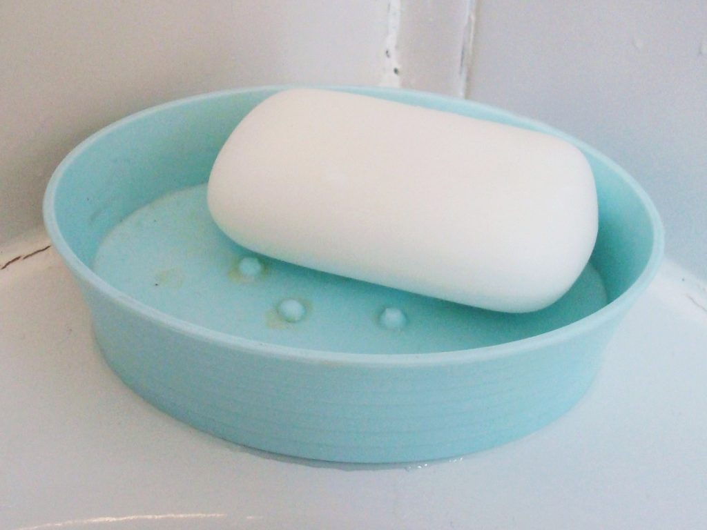 Bar soap in a plastic travel soap dish