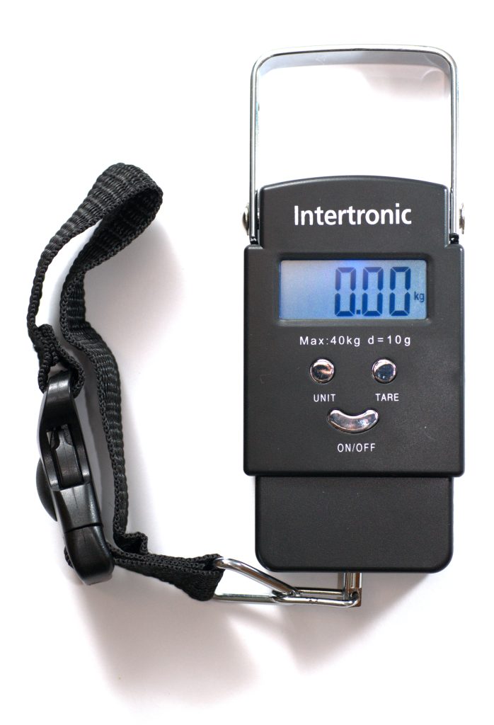 Portable luggage weighing scale holding a bag