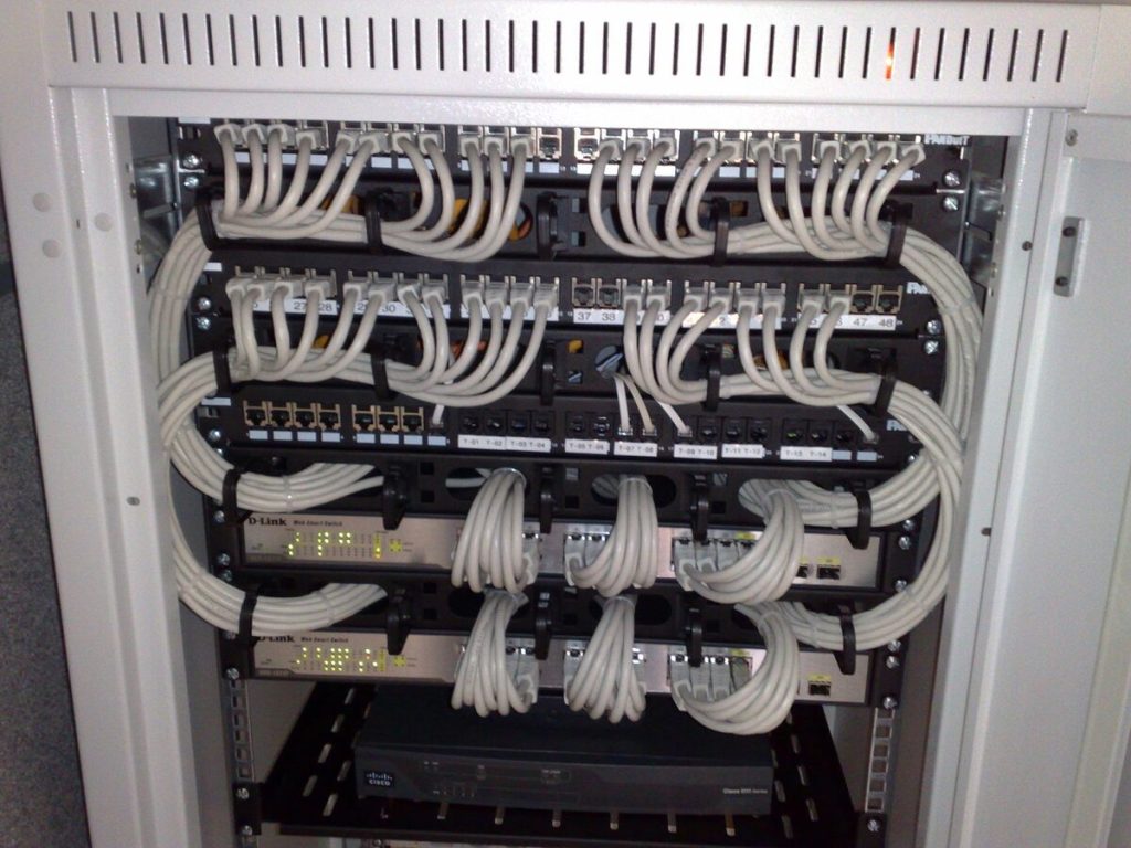 Ethernet cables and patch panels in a rack