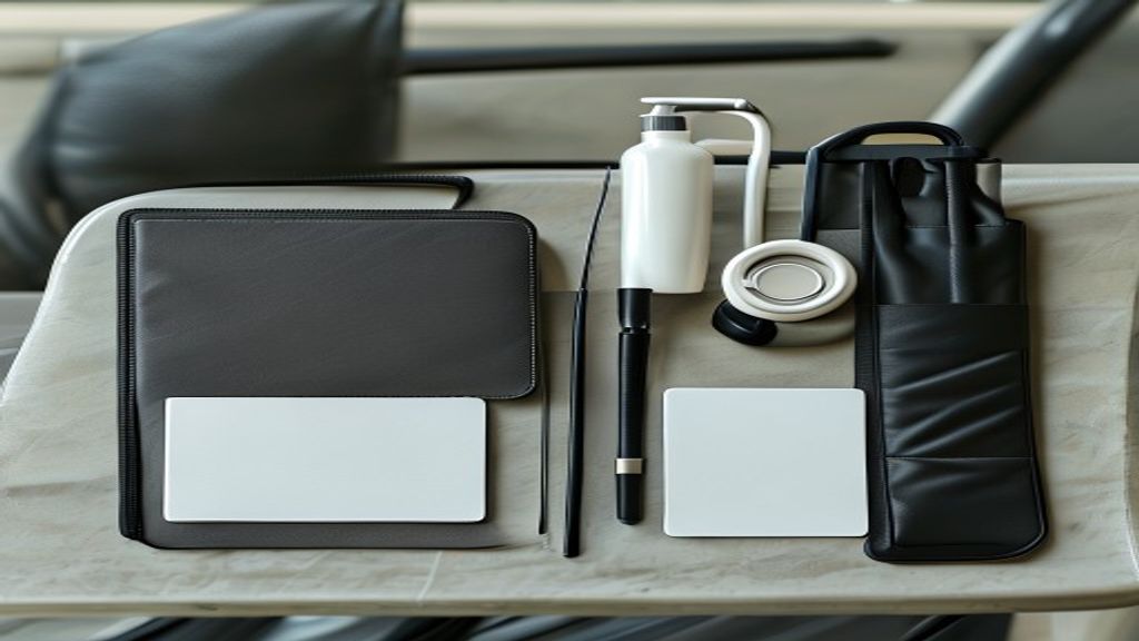 AI-generated airport travel essentials flat lay with organizer pouch, tracker, power bank, bottle and blank travel documents