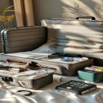 AI-generated travel gear flat lay with packing cubes, cable pouch, tracker, power bank and luggage scale