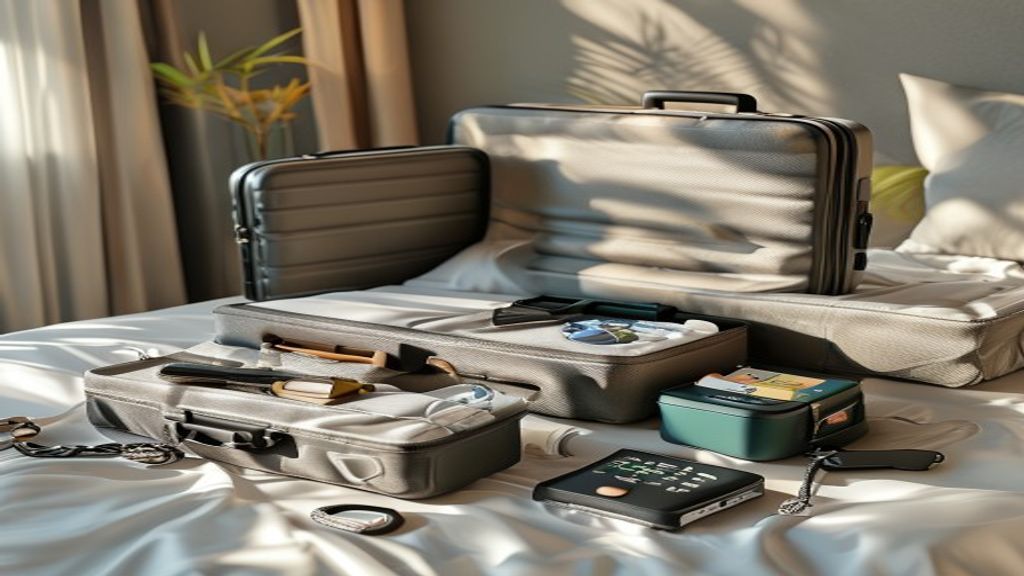 AI-generated travel gear flat lay with packing cubes, cable pouch, tracker, power bank and luggage scale