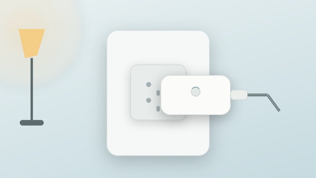 Unbranded editorial illustration of a smart plug mini controlling a warm lamp