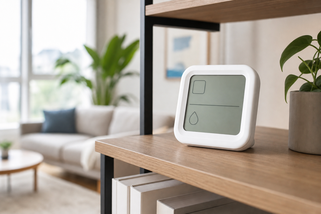 Generic indoor thermometer and humidity monitor on a home shelf