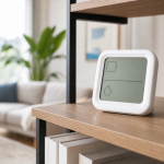 Generic indoor thermometer and humidity monitor on a home shelf