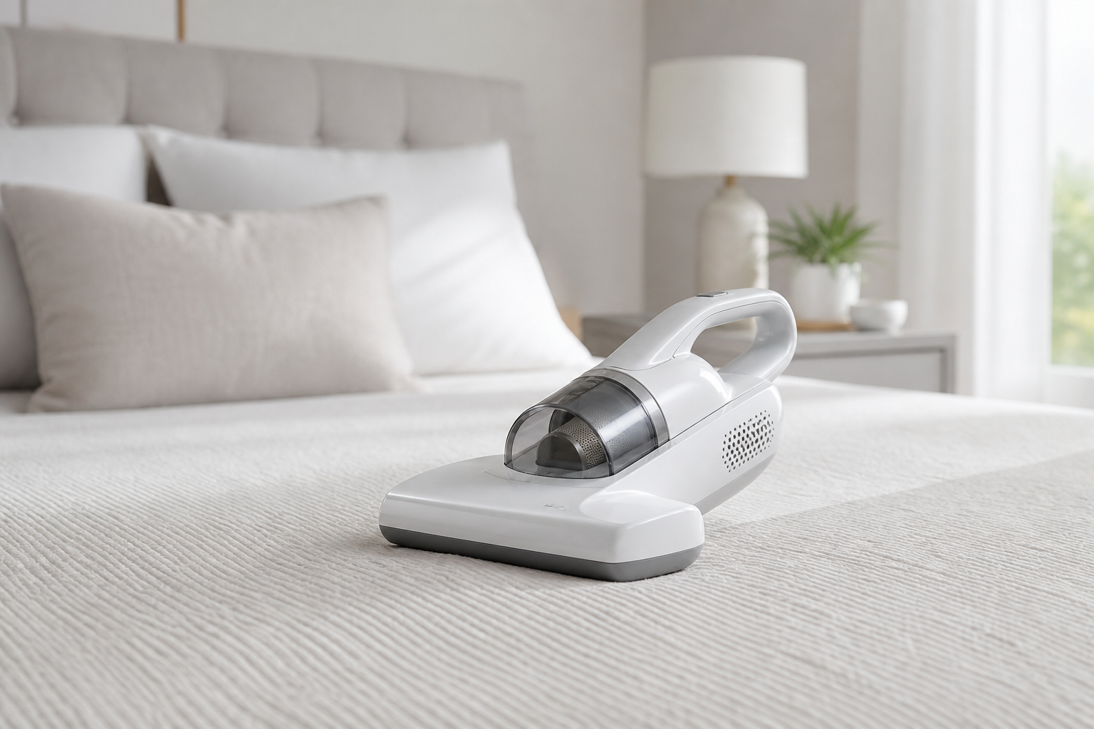 Generic handheld mattress vacuum cleaner on a neatly made bed