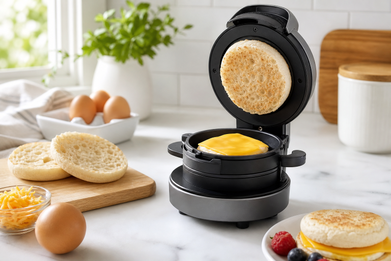 AI-generated editorial illustration of a compact breakfast sandwich maker with eggs, cheese, and English muffins on a kitchen counter