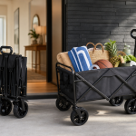AI-generated editorial illustration of a collapsible folding utility wagon loaded with groceries, beach towels, and sports gear