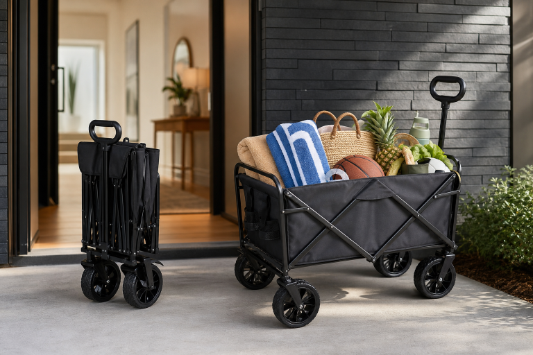 AI-generated editorial illustration of a collapsible folding utility wagon loaded with groceries, beach towels, and sports gear