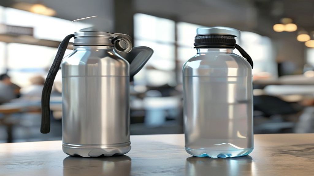 AI-generated comparison of two unbranded travel water bottles, one flip-lid insulated bottle and one wide-mouth bottle