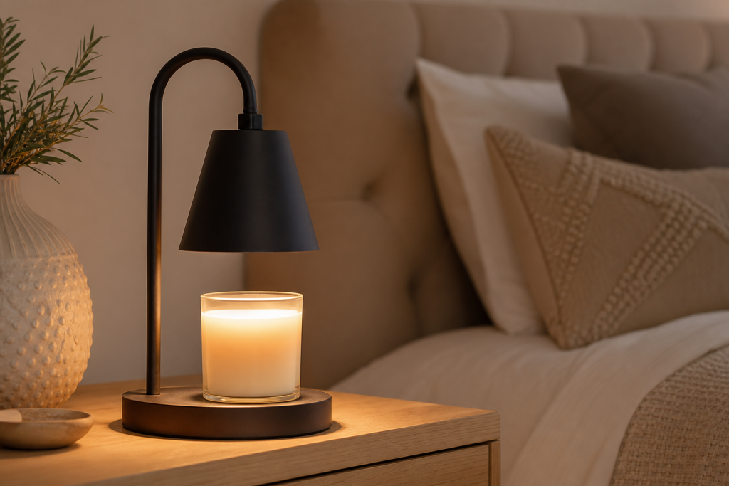 Generic candle warmer lamp glowing over an unlabeled candle jar on a bedside table