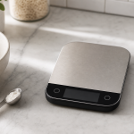 Generic compact digital kitchen scale on a kitchen counter with baking ingredients