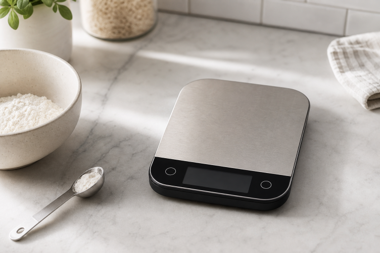 Generic compact digital kitchen scale on a kitchen counter with baking ingredients