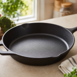 Generic black cast iron skillet on a kitchen counter with vegetables nearby