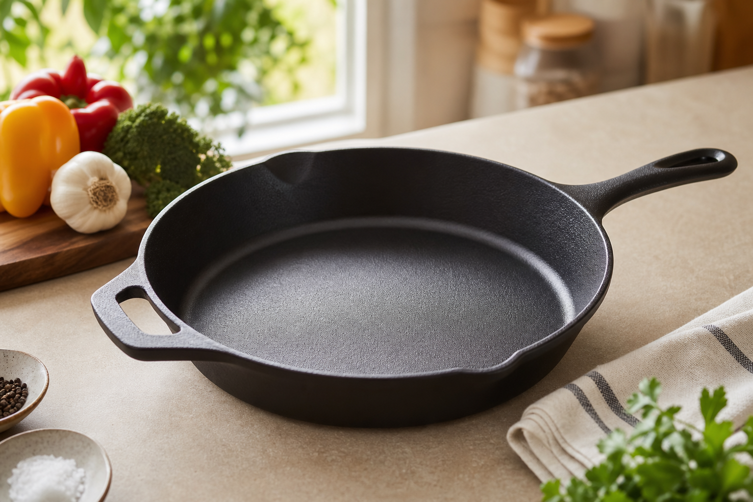 Generic black cast iron skillet on a kitchen counter with vegetables nearby