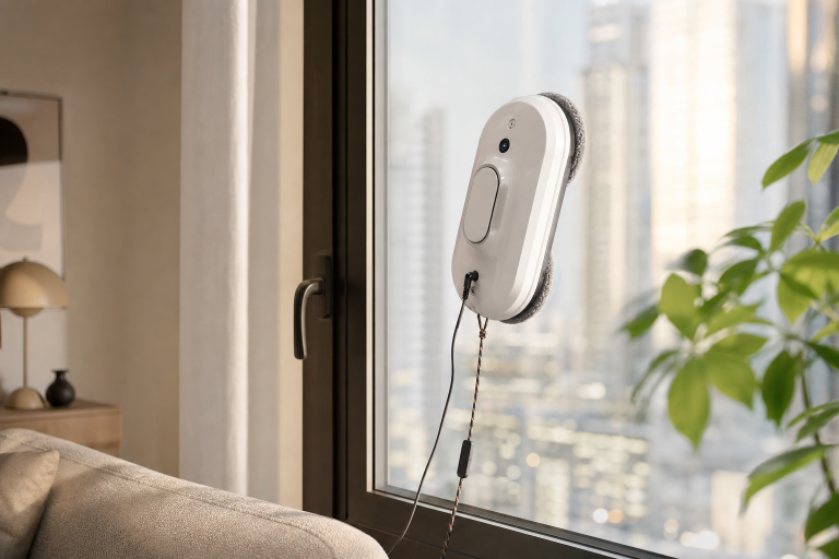 Generic robotic window cleaner attached to an apartment window