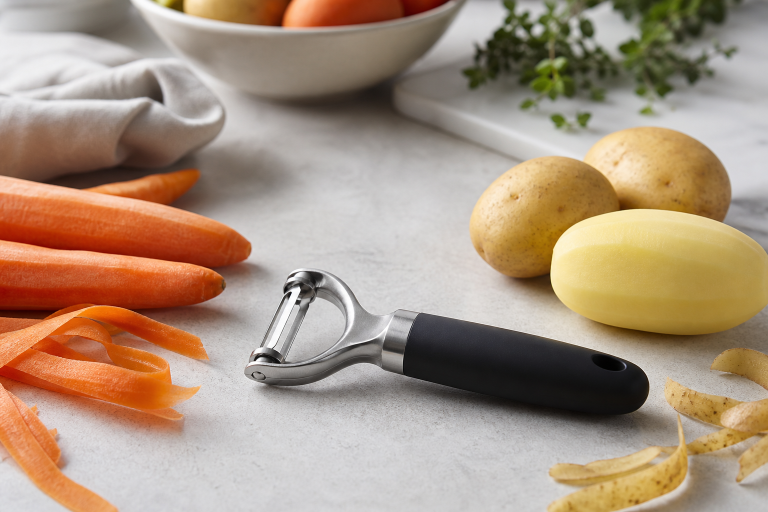 Generic swivel vegetable peeler with carrots and potatoes on a kitchen counter