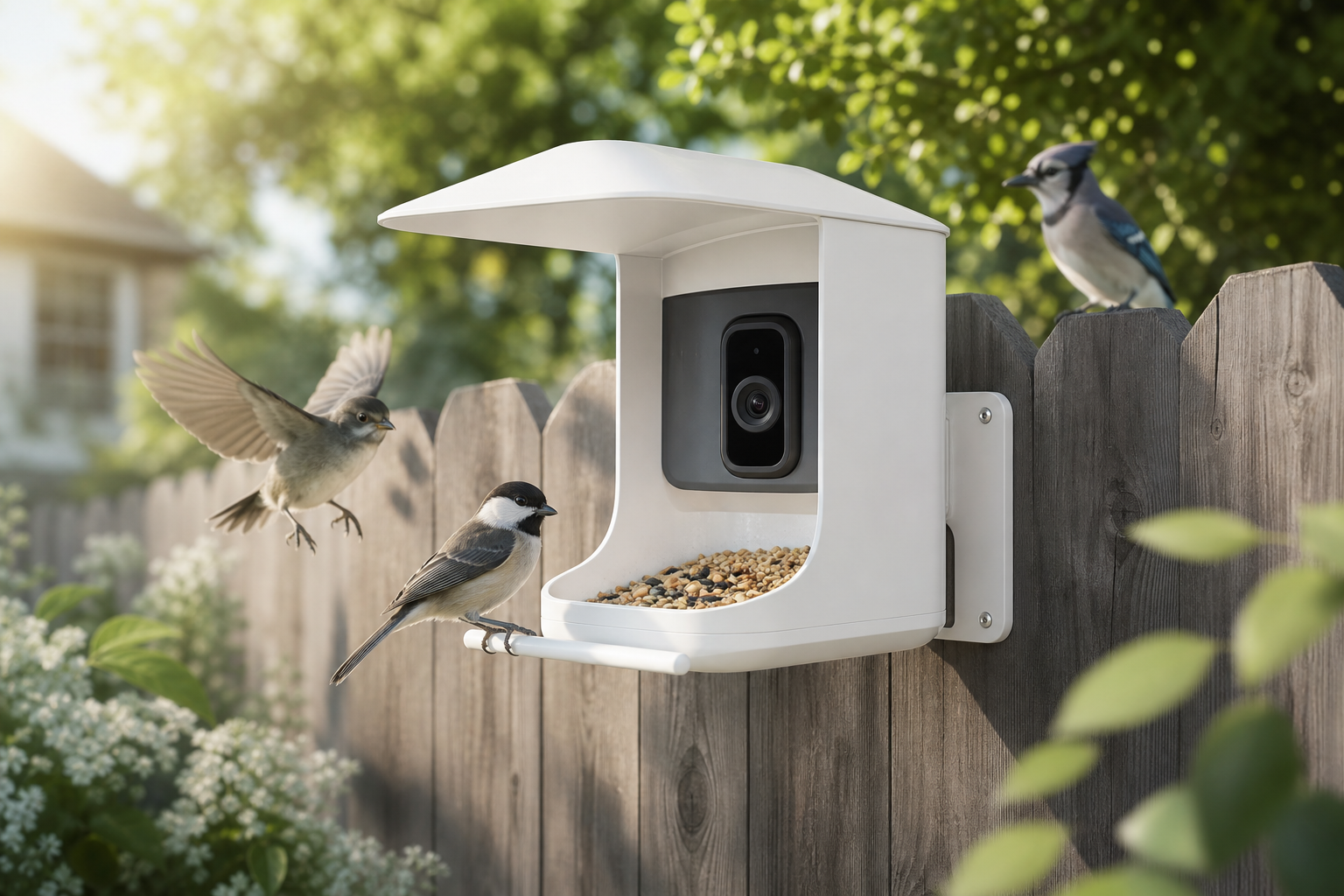 Generic smart bird feeder with camera mounted on a backyard fence with birds nearby