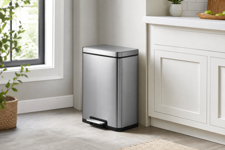 Generic stainless rectangular step trash can in a bright kitchen corner