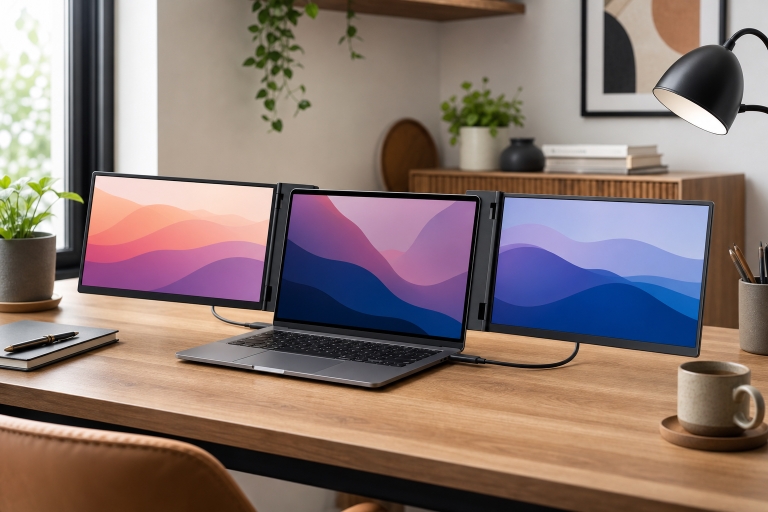 Generic laptop with attachable dual screen extender on a home office desk