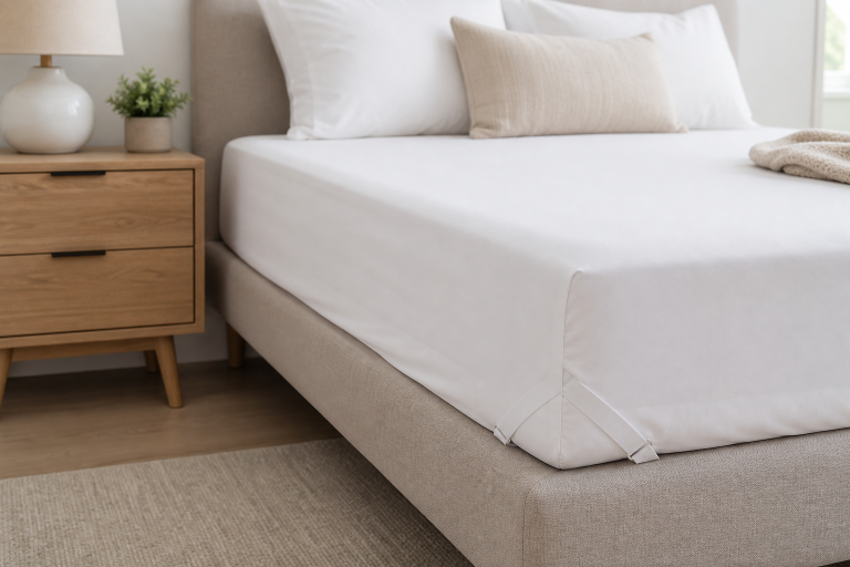 AI-generated editorial illustration of adjustable bed sheet holder straps on a fitted sheet corner