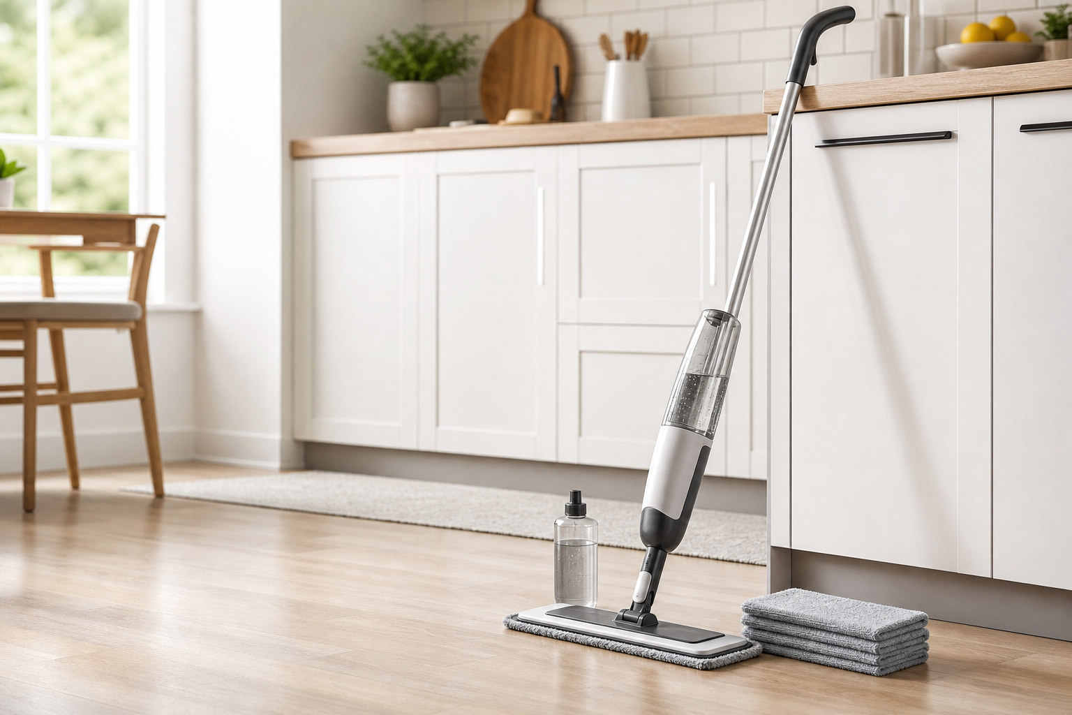 Generic refillable microfiber spray mop with washable pads on a kitchen floor