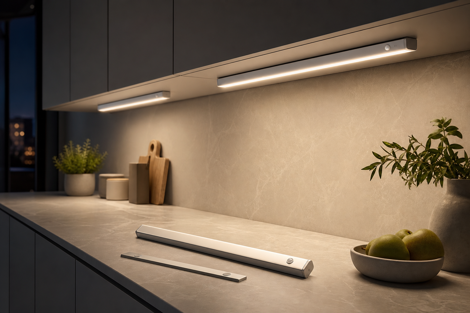 Generic rechargeable motion-sensor under-cabinet light bars illuminating a kitchen counter