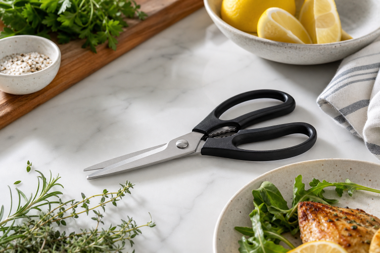 Generic black-handled kitchen shears on a kitchen counter with herbs and lemons