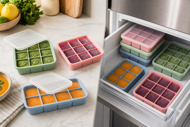Generic silicone freezer meal prep trays with frozen food cubes in a kitchen freezer drawer