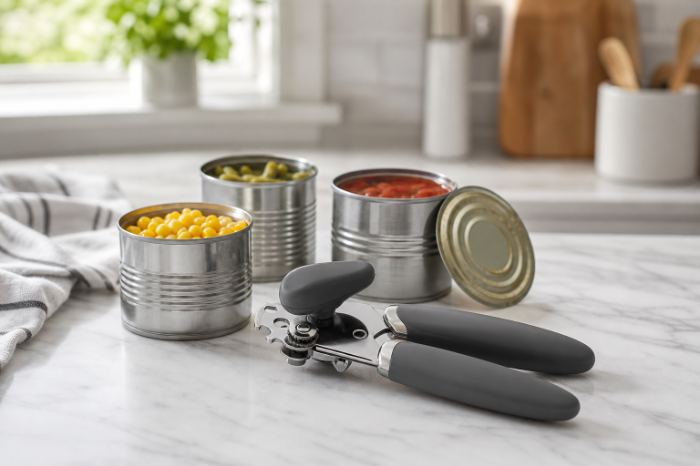 Generic manual safety can opener with open cans on a kitchen counter