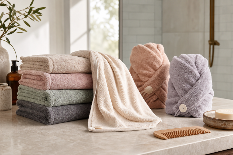 Generic microfiber hair towels and towel turbans on a bathroom vanity