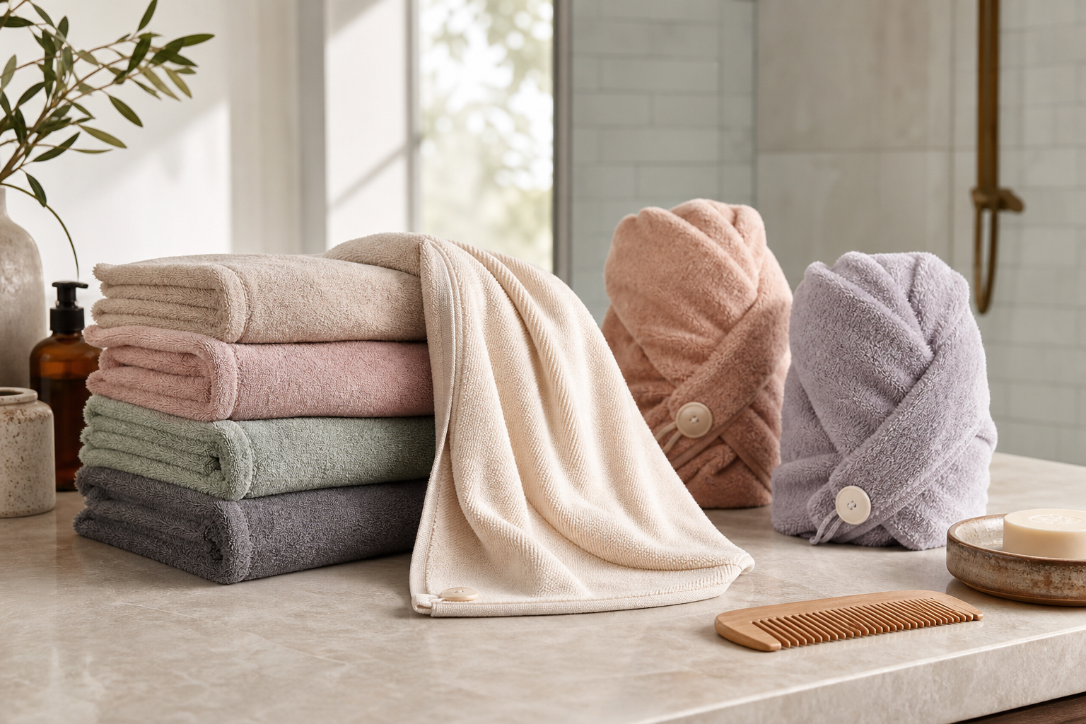 Generic microfiber hair towels and towel turbans on a bathroom vanity