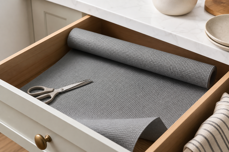 Generic gray non-adhesive drawer and shelf liner unrolled in a kitchen drawer