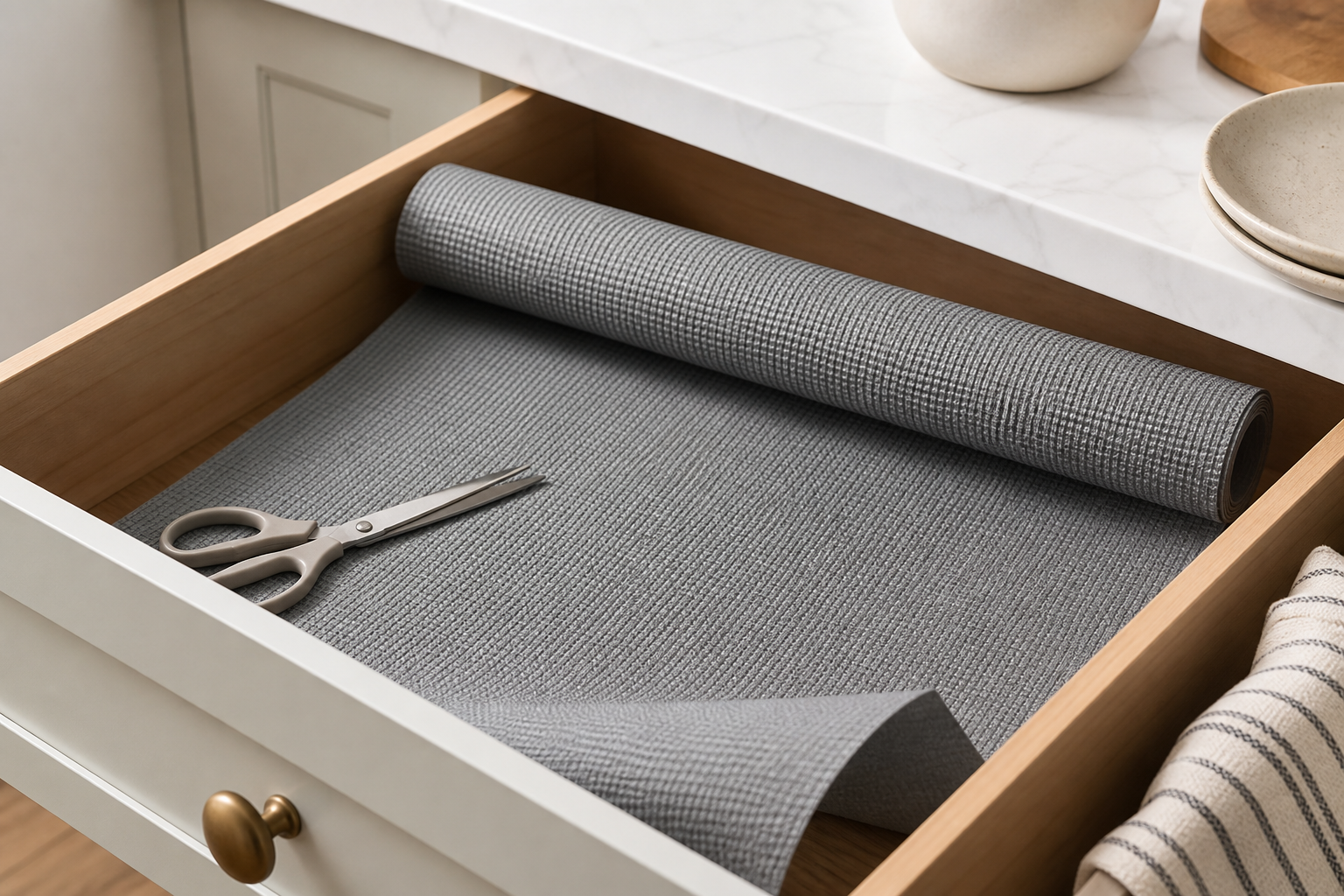 Generic gray non-adhesive drawer and shelf liner unrolled in a kitchen drawer