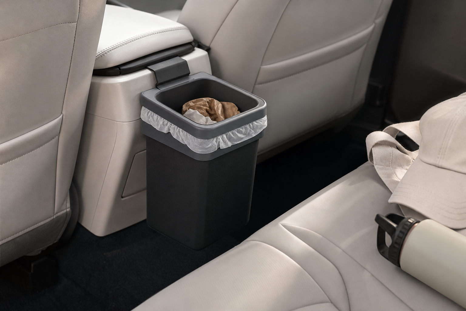 Generic hanging car trash can attached behind a center console in a clean car interior