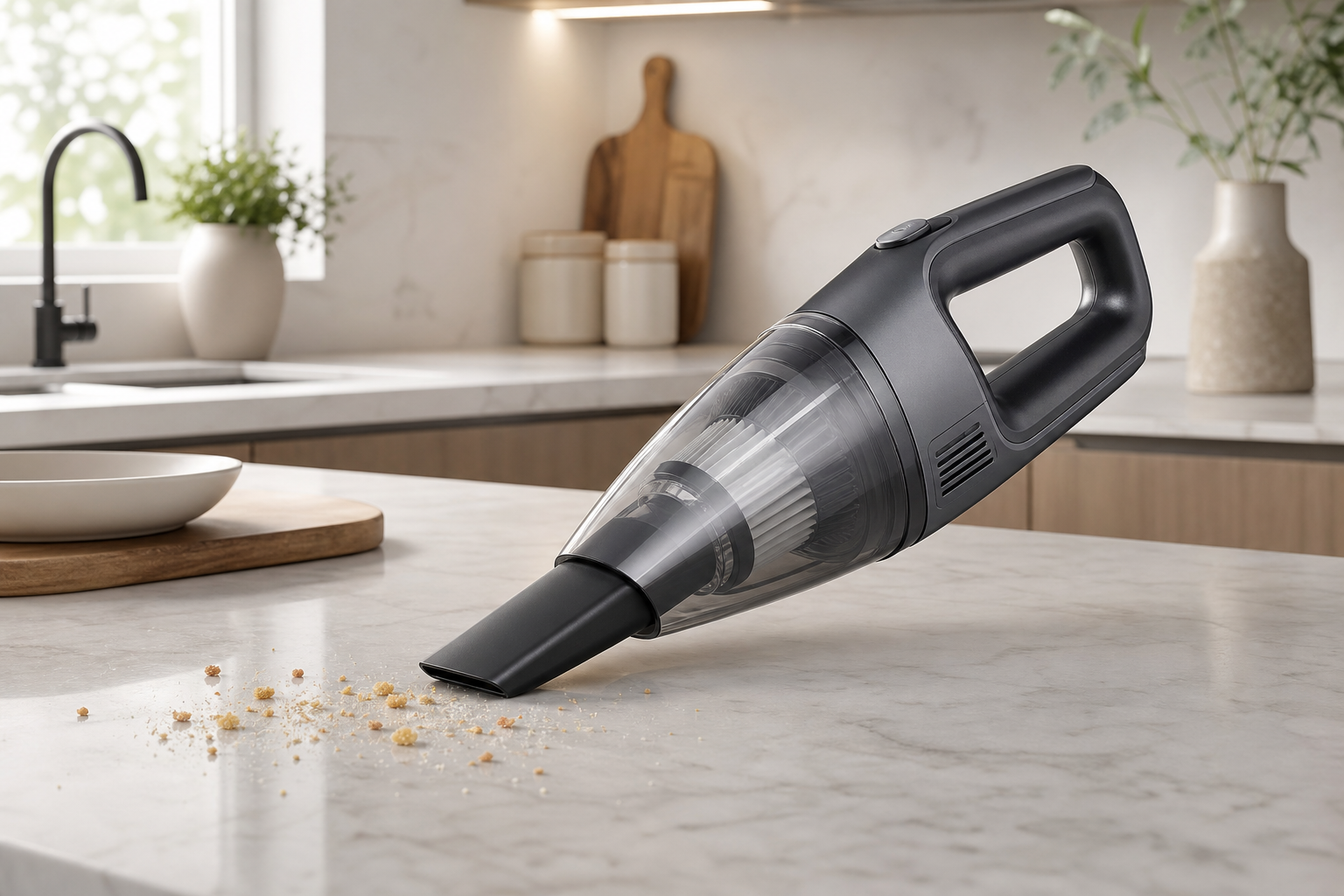 Generic cordless handheld vacuum cleaning crumbs on a kitchen counter