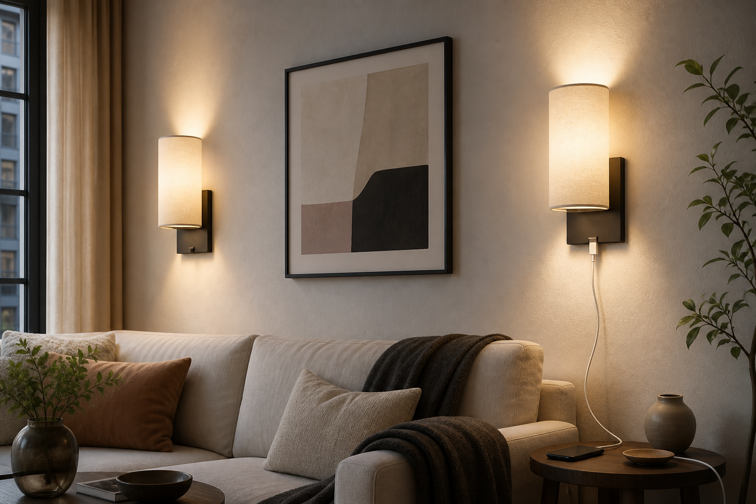 Generic rechargeable wall sconces glowing in a modern living room