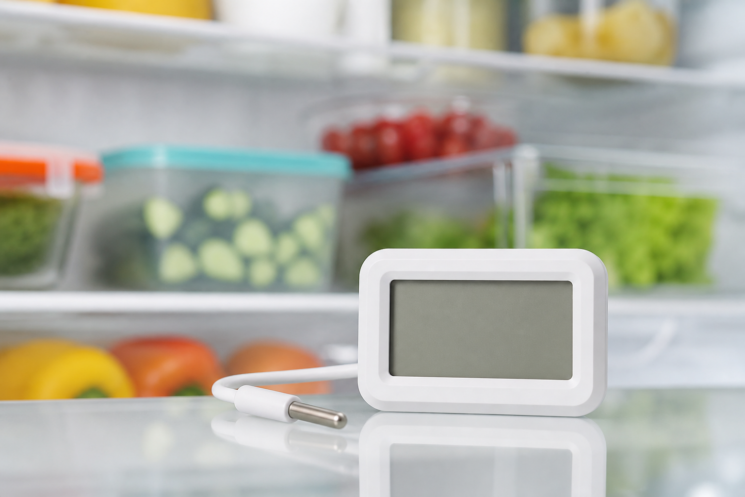 Generic digital refrigerator and freezer thermometer in a clean refrigerator, AI-generated editorial illustration