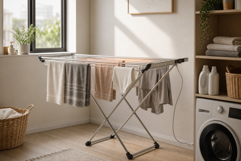 Generic heated folding clothes drying rack in a small laundry room, AI-generated editorial illustration
