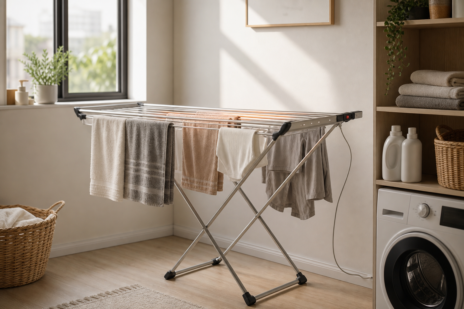 Generic heated folding clothes drying rack in a small laundry room, AI-generated editorial illustration