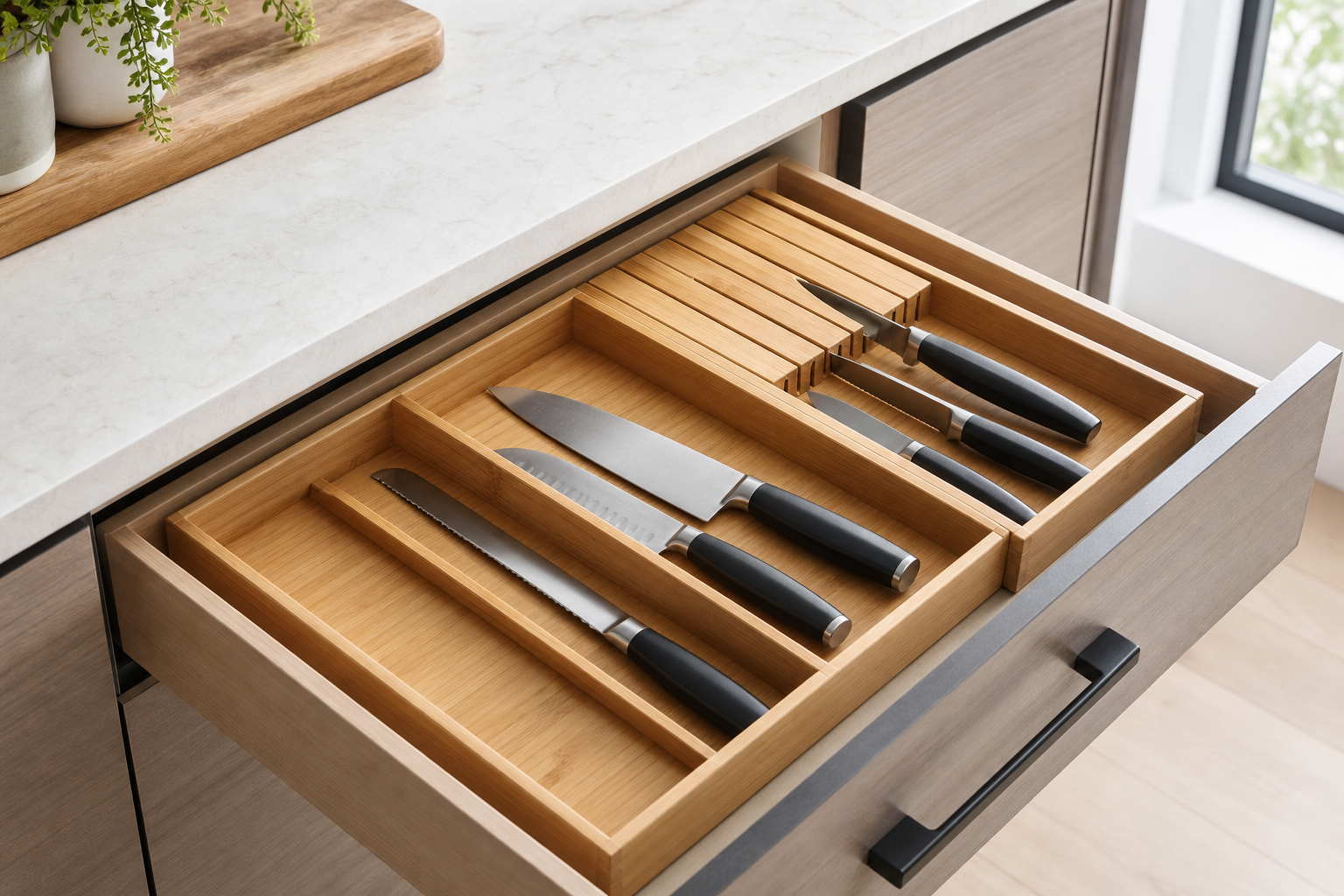 Generic editorial illustration of an in-drawer kitchen knife organizer with unbranded knives
