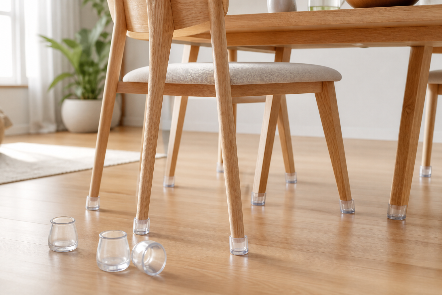 Generic editorial illustration of clear silicone chair leg floor protectors on wooden dining chairs