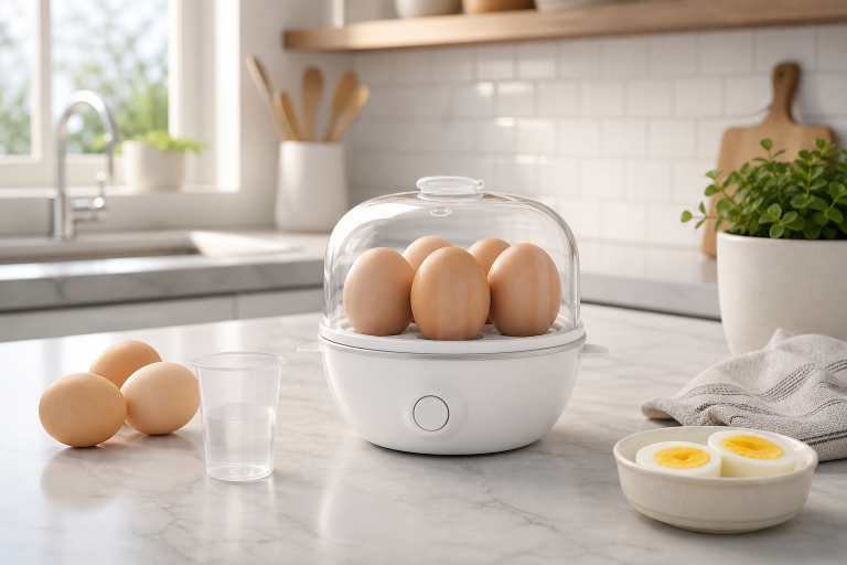 Generic compact electric egg cooker with eggs on a kitchen counter
