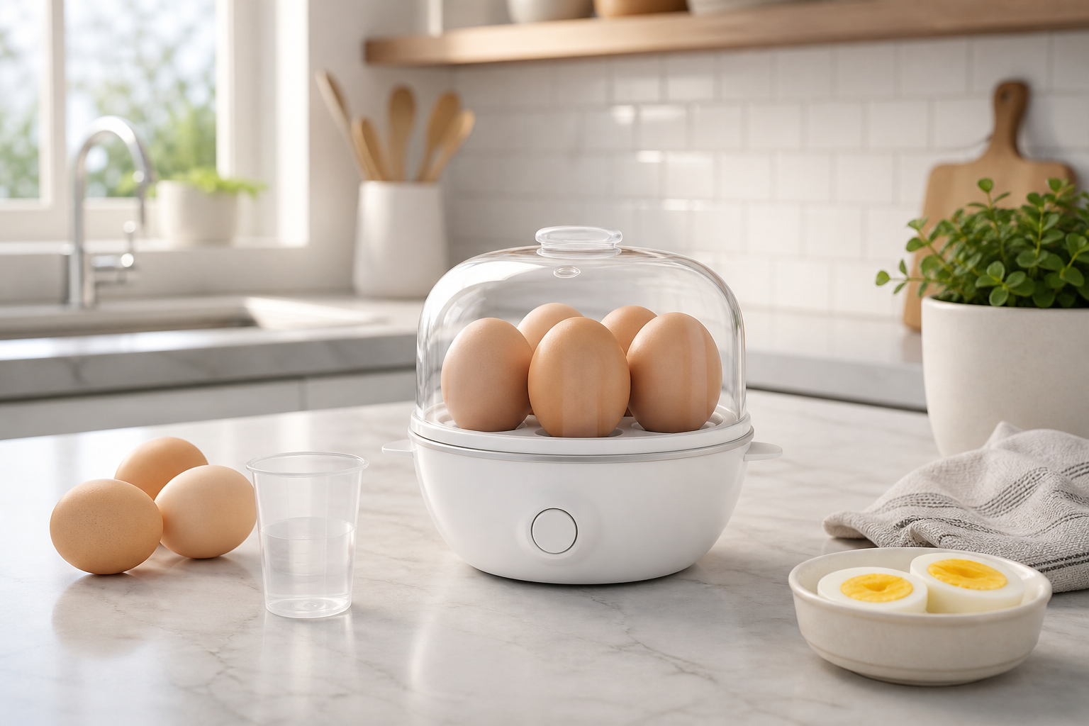 Generic compact electric egg cooker with eggs on a kitchen counter