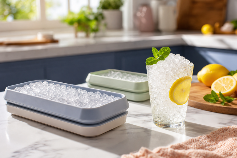 Generic mini nugget ice trays and a glass of pebble ice on a kitchen counter