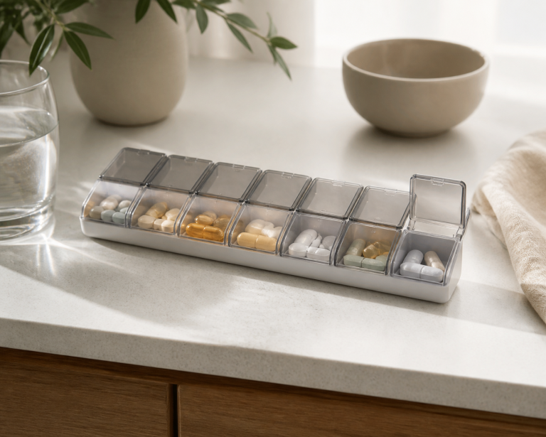 AI-generated editorial illustration of a generic weekly pill organizer on a countertop