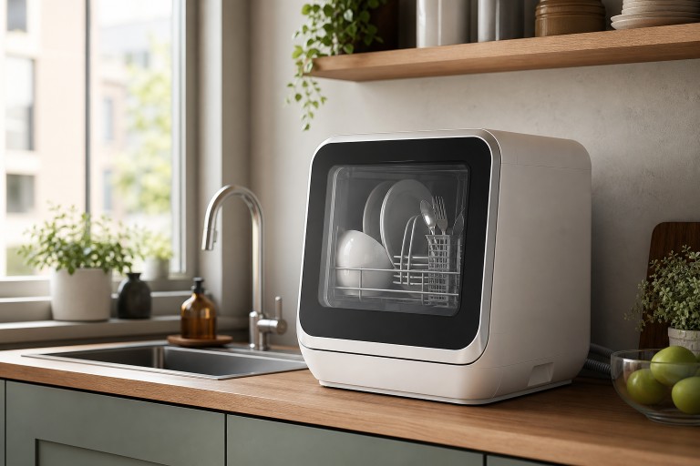 AI-generated editorial illustration of a generic compact countertop dishwasher in a small kitchen
