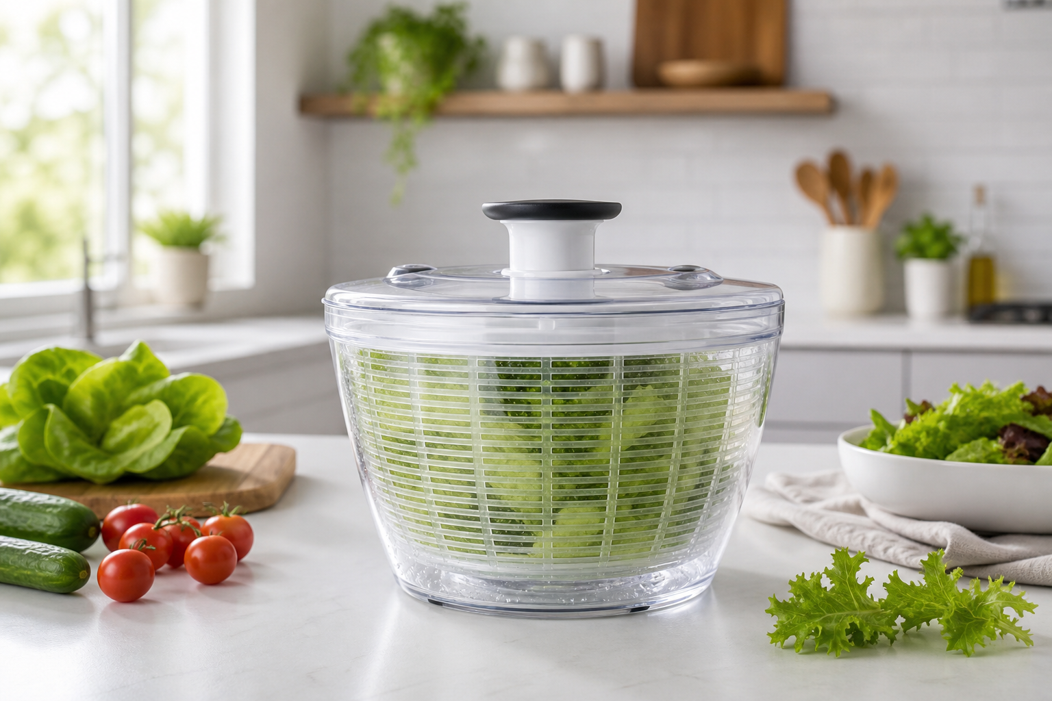 AI-generated editorial illustration of a generic salad spinner with greens on a kitchen counter