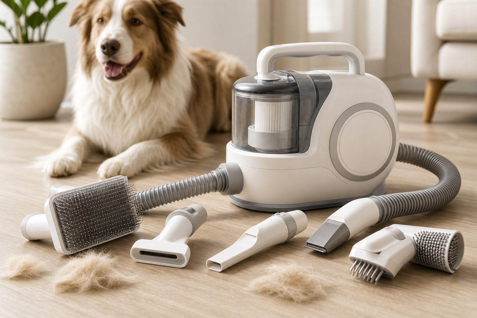 AI-generated editorial illustration of a generic pet grooming vacuum kit with brush attachments and a dog