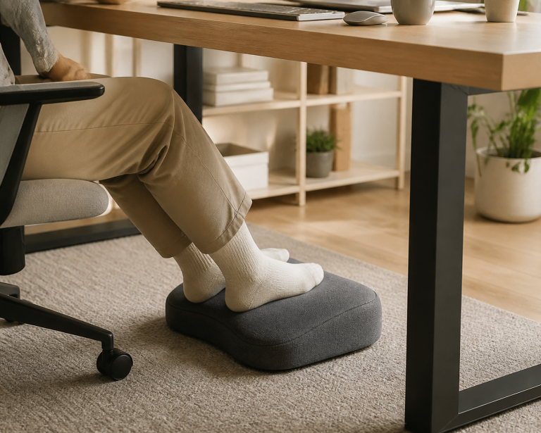 Generic AI-generated editorial illustration of an under-desk foot rest cushion in a home office